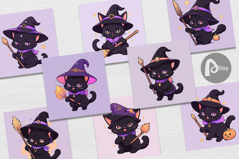 Digital Paper Cute Witchy Cat Halloween Digital Pattern artnoy 