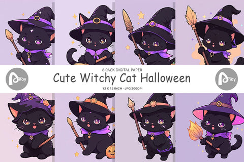 Digital Paper Cute Witchy Cat Halloween Digital Pattern artnoy 