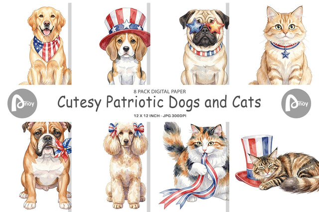 Digital Paper Cutesy Patriotic Dogs and Cats Sublimation artnoy 