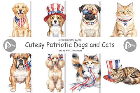 Digital Paper Cutesy Patriotic Dogs and Cats Sublimation artnoy 