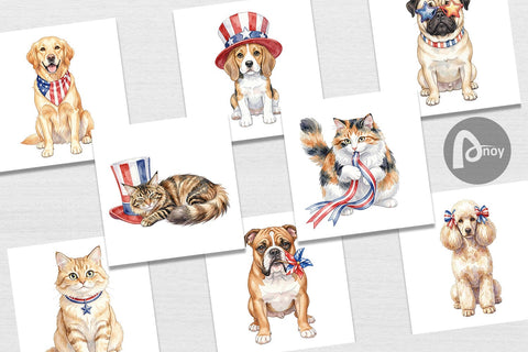 Digital Paper Cutesy Patriotic Dogs and Cats Sublimation artnoy 