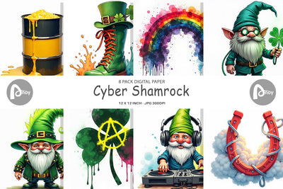 Digital Paper Cyber-Shamrock Neon Punk St. Patrick's Watercolor Digital Pattern artnoy 
