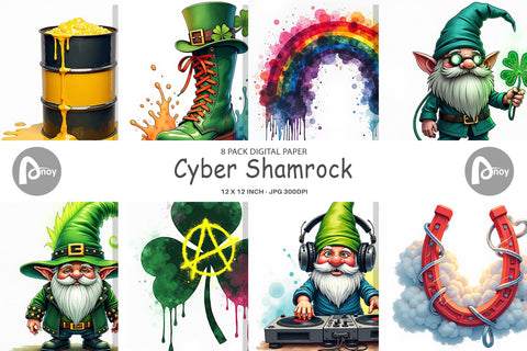 Digital Paper Cyber-Shamrock Neon Punk St. Patrick's Watercolor Digital Pattern artnoy 