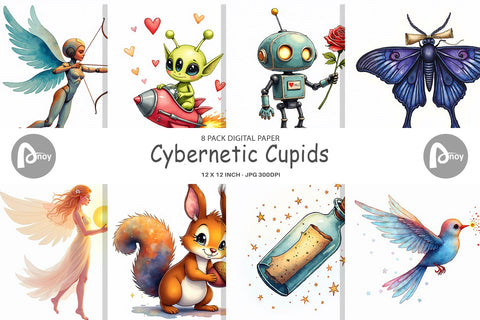 Digital Paper Cybernetic Cupids Cosmic Messengers Digital Pattern artnoy 