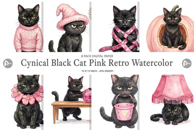 Digital Paper Cynical Black Cat Pink Retro Watercolor Digital Pattern artnoy 