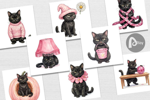 Digital Paper Cynical Black Cat Pink Retro Watercolor Digital Pattern artnoy 