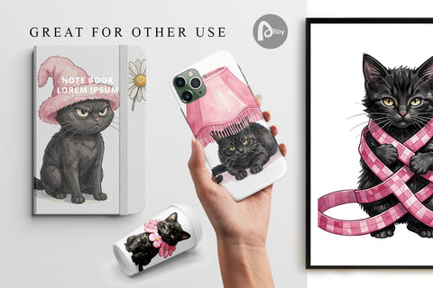 Digital Paper Cynical Black Cat Pink Retro Watercolor Digital Pattern artnoy 