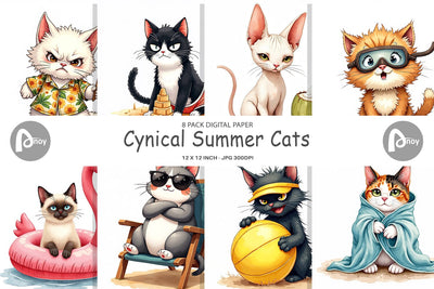 Digital Paper Cynical Summer Cats Watercolor Digital Pattern artnoy 