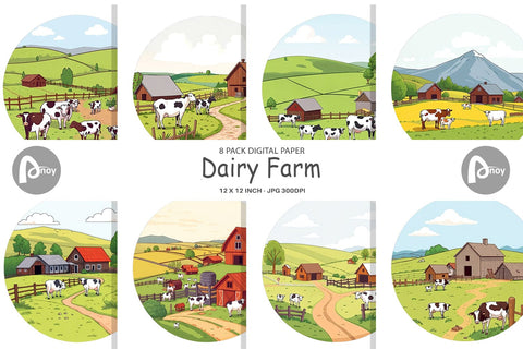 Digital Paper Dairy Farm Scene Digital Pattern artnoy 