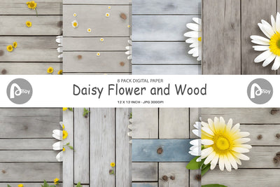 Digital Paper Daisy Flower and Wood Digital Pattern artnoy 