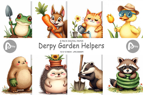 Digital Paper Derpy Garden Helpers Watercolor Digital Pattern artnoy 