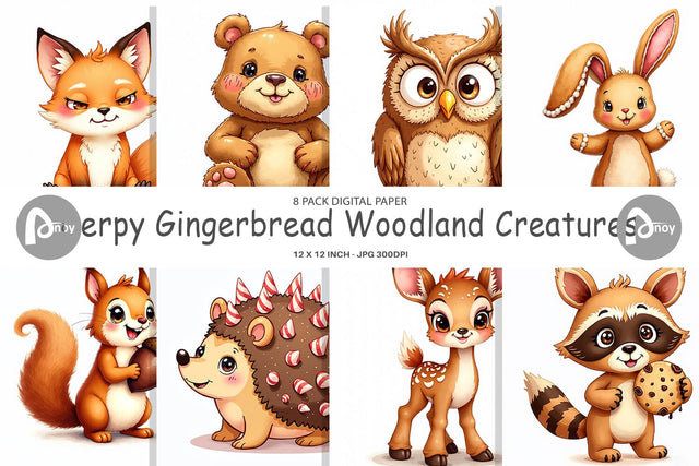Digital Paper Derpy Gingerbread Woodland Creatures Digital Pattern artnoy 