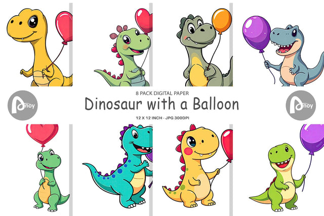 Digital Paper Dino with Balloon Digital Pattern artnoy 