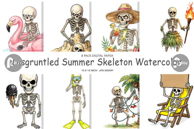 Digital Paper Disgruntled Summer Skeleton Watercolor Digital Pattern artnoy 
