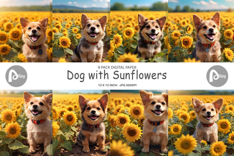 Digital Paper Dog and Sunflowers Digital Pattern artnoy 