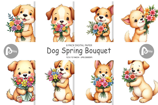 Digital Paper Dog Spring Bouquet Digital Pattern artnoy 