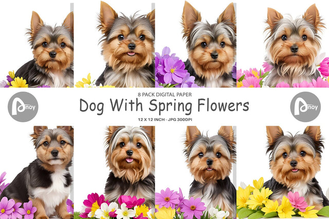 Digital Paper Dog Spring Flowers Digital Pattern artnoy 