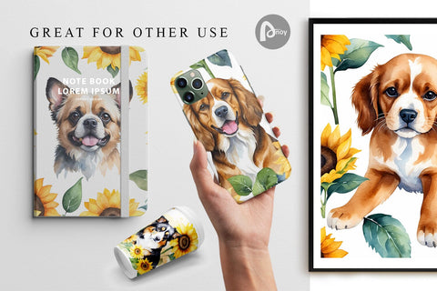 Digital Paper Dog With Sunflowers Digital Pattern artnoy 