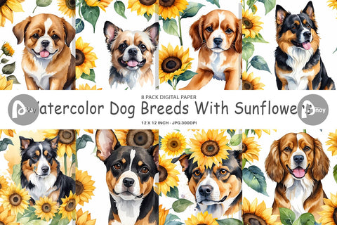 Digital Paper Dog With Sunflowers Digital Pattern artnoy 