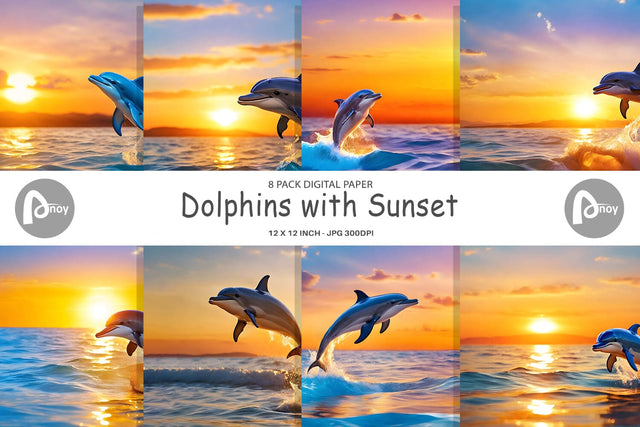 Digital Paper Dolphins and Sunset Digital Pattern artnoy 