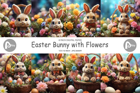Digital Paper Easter Bunny with Flowers Digital Pattern artnoy 