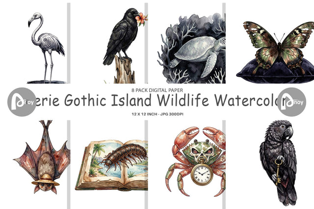 Digital Paper Eerie Gothic Island Wildlife Watercolor Digital Pattern artnoy 