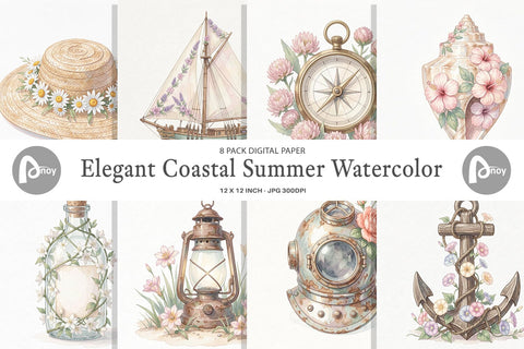 Digital Paper Elegant Coastal Summer Watercolor Digital Pattern artnoy 