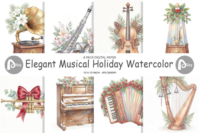 Digital Paper Elegant Musical Holiday Watercolor Digital Pattern artnoy 