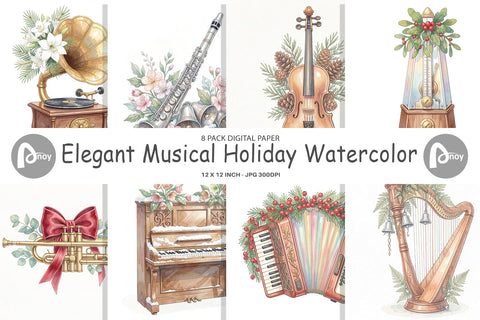 Digital Paper Elegant Musical Holiday Watercolor Digital Pattern artnoy 