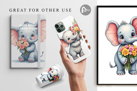 Digital Paper Elephant Spring Bouquet Digital Pattern artnoy 