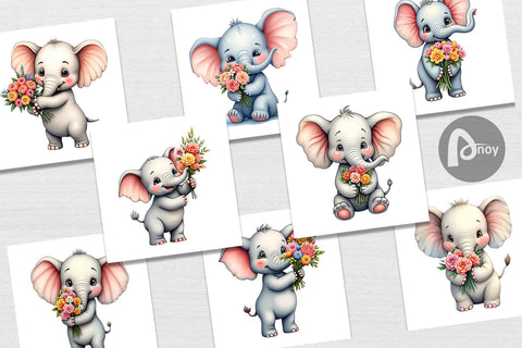Digital Paper Elephant Spring Bouquet Digital Pattern artnoy 