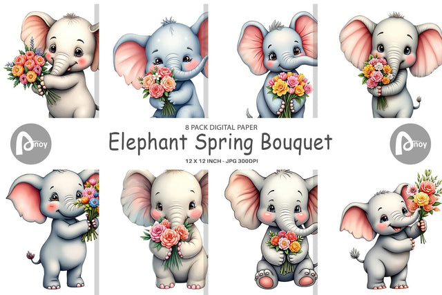 Digital Paper Elephant Spring Bouquet Digital Pattern artnoy 