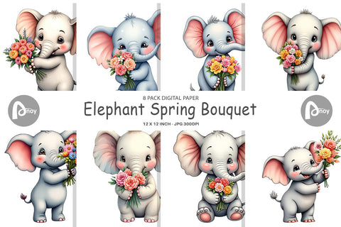 Digital Paper Elephant Spring Bouquet Digital Pattern artnoy 