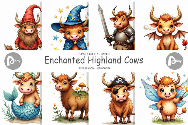 Digital Paper Enchanted Highland Cows UglyCute Fantasy Watercolor Digital Pattern artnoy 