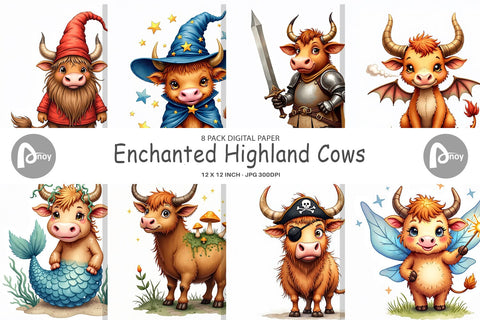 Digital Paper Enchanted Highland Cows UglyCute Fantasy Watercolor Digital Pattern artnoy 