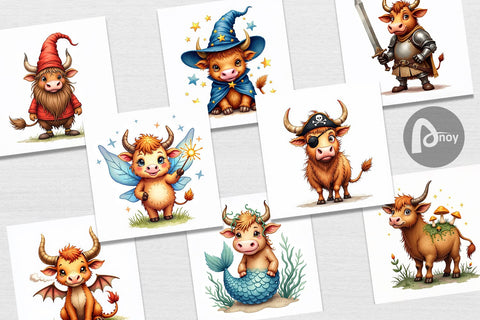 Digital Paper Enchanted Highland Cows UglyCute Fantasy Watercolor Digital Pattern artnoy 