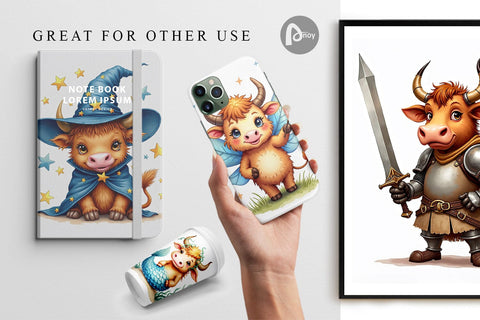 Digital Paper Enchanted Highland Cows UglyCute Fantasy Watercolor Digital Pattern artnoy 