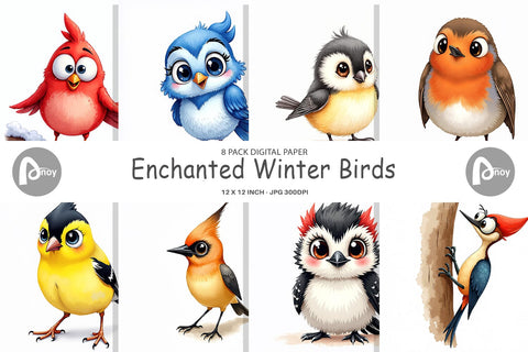 Digital Paper Enchanted Winter Birds Watercolor Digital Pattern artnoy 