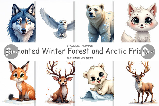 Digital Paper Enchanted Winter Forest & Arctic Friends Digital Pattern artnoy 