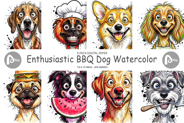 Digital Paper Enthusiastic BBQ Dog Watercolor Digital Pattern artnoy 