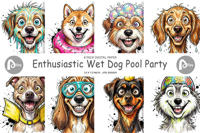 Digital Paper Enthusiastic Wet Dog Pool Party Digital Pattern artnoy 