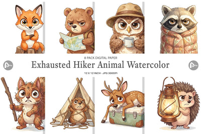 Digital Paper Exhausted Hiker Animal Watercolor Digital Pattern artnoy 