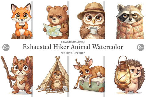 Digital Paper Exhausted Hiker Animal Watercolor Digital Pattern artnoy 