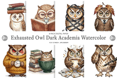 Digital Paper Exhausted Owl Dark Academia Watercolor Digital Pattern artnoy 