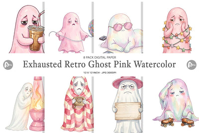 Digital Paper Exhausted Retro Ghost Pink Watercolor Digital Pattern artnoy 