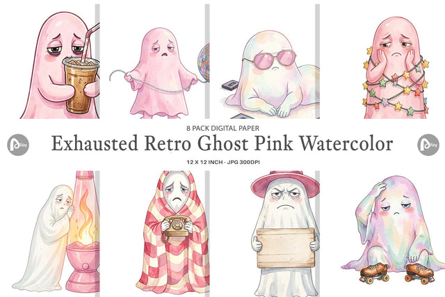 Digital Paper Exhausted Retro Ghost Pink Watercolor Digital Pattern artnoy 