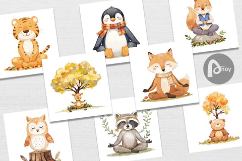 Digital Paper Fall Meditating Animals Digital Pattern artnoy 