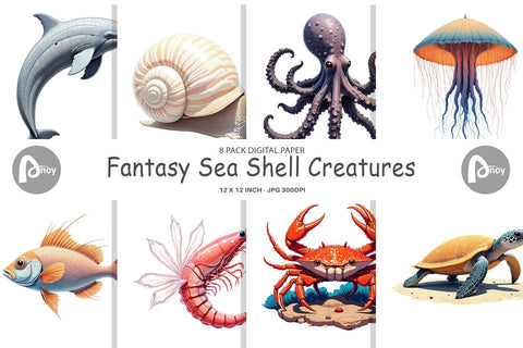Digital Paper Fantasy Sea Creatures Sublimation artnoy 