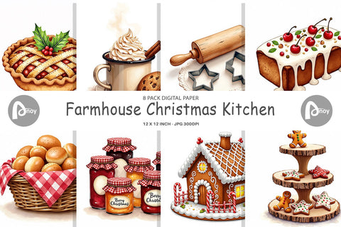 Digital Paper Farmhouse Christmas Kitchen Watercolor Digital Pattern artnoy 