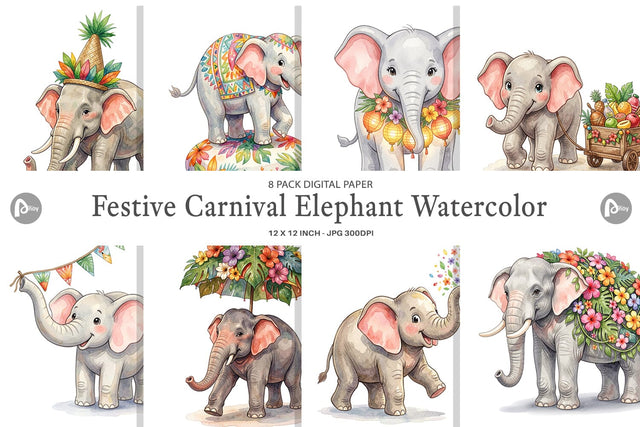 Digital Paper Festive Carnival Elephant Watercolor Digital Pattern artnoy 
